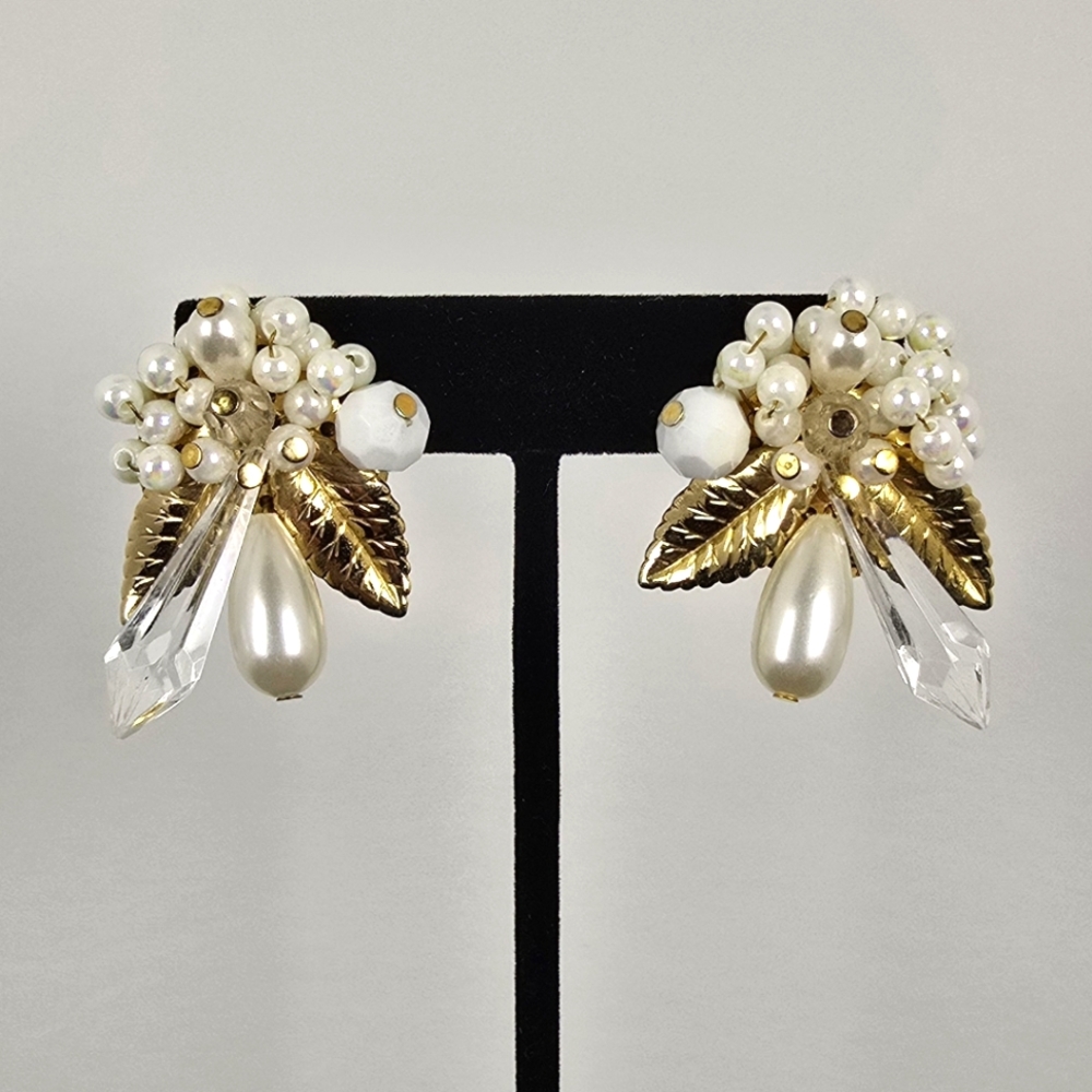 Elegant Gold Tone and White Pearl Cluster Earrings